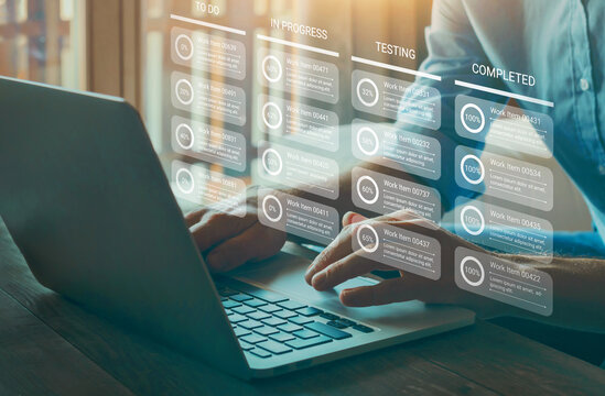Business developer using kanban board framework showing innovation agile software development lean project management tool, kanban concept
