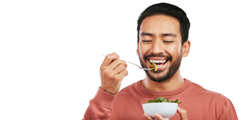 Health, eating salad and man with food bowl on isolated, png and transparent background for wellness. Vegan diet, lose weight and happy male person with vegetables for nutrition, detox and vitamins
