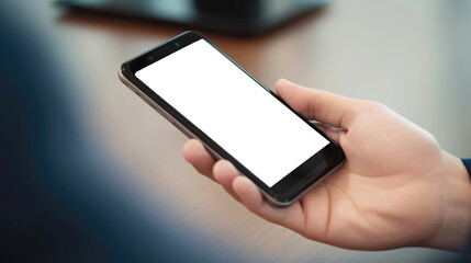 Hand holding smartphone with a blank white display