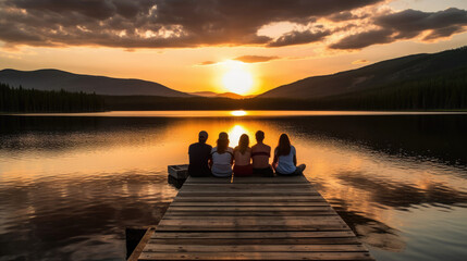 Group of friends sitting on dock in the evening watching sunset - obrazy, fototapety, plakaty
