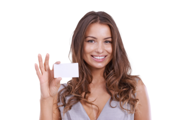 Business card, happy and portrait of woman on isolated, PNG and transparent background. Marketing, professional and female person with paper sign for opportunity, networking and contact information