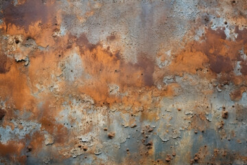 Close-up of rusted or corroded metal surfaces with a gritty texture, creating a grunge aesthetic. Generative AI.
