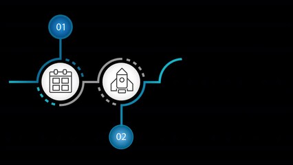 Animated MVP launch infographic. Product development. Looped HD info chart footage on black with alpha channel transparency. Flowchart animation with icons, blank space and 4 step sequence