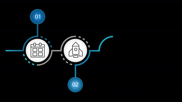 Animated MVP launch infographic. Product development. Looped HD info chart footage on black with alpha channel transparency. Flowchart animation with icons, blank space and 4 step sequence