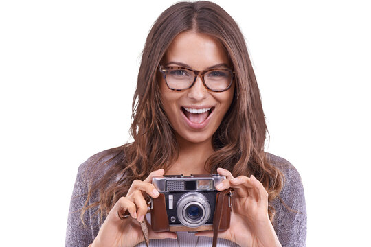 Portrait, woman and photography with retro camera, fun and excited for creative media while isolated on a transparent png background. Happy female photographer, smile and lens of vintage equipment