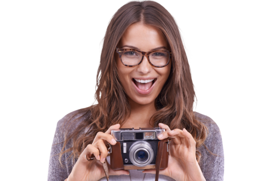 Portrait, woman and photography with retro camera, fun and excited for creative media while isolated on a transparent png background. Happy female photographer, smile and lens of vintage equipment