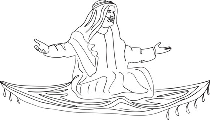 Continuous Outline Sketch Drawing of an Arab Person on a Flying Carpet, Arabian Dreams: Embarking on an Epic and Mystical Journey - Continuous Outline Sketch
