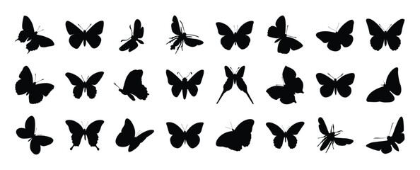 Set of butterfly silhouette vector. Butterflies, moth and insect in different wings style shapes, flying. Hand drawn black insect illustration for logo design, sticker, cover, y2k design, icons. - obrazy, fototapety, plakaty