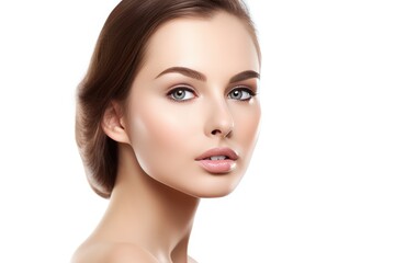 Obraz premium Beautiful face of a young woman with perfect health skin on light background. Generative AI