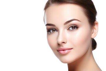 Fototapeta premium Beautiful face of a young woman with perfect health skin on light background. Generative AI