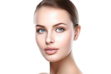 Obraz premium Beautiful face of a young woman with perfect health skin on light background. Generative AI