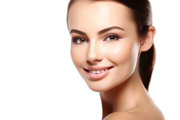 Fototapeta premium Beautiful face of a young woman with perfect health skin on light background. Generative AI