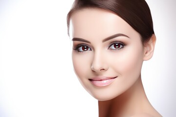 Fototapeta premium Beautiful face of a young woman with perfect health skin on light background. Generative AI