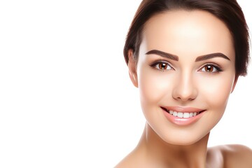Obraz premium Beautiful face of a young woman with perfect health skin on light background. Generative AI