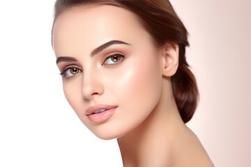 Naklejka premium Beautiful face of a young woman with perfect health skin on light background. Generative AI