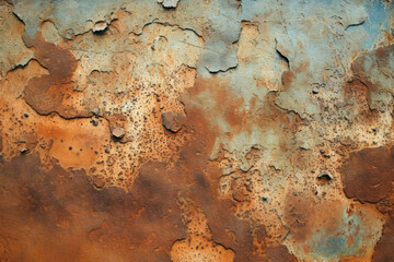 Close-up of rusted or corroded metal surfaces with a gritty texture, creating a grunge aesthetic. Generative AI.