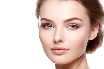 Naklejka premium Beautiful face of a young woman with perfect health skin on light background. Generative AI