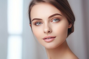 Beautiful face of a young woman with perfect health skin on light background. Generative AI