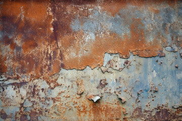 Close-up of rusted or corroded metal surfaces with a gritty texture, creating a grunge aesthetic. Generative AI.