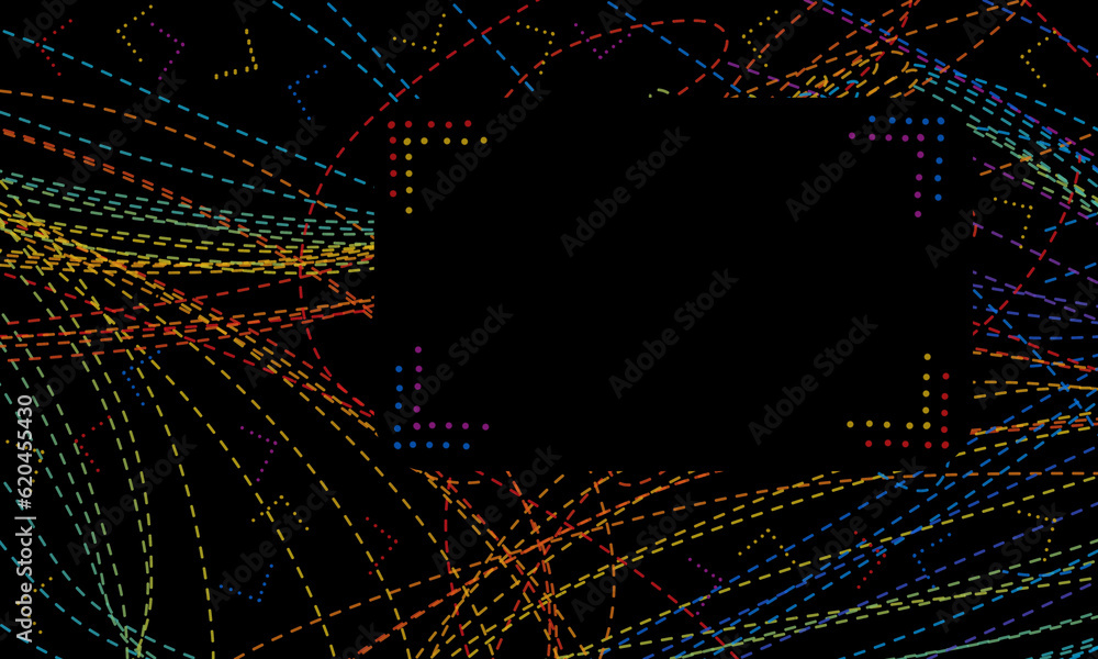 Aufkleber lots of colorful lines made up of solid dashes on a black background and places to enter text