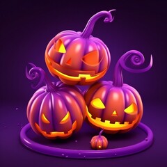 Happy Halloween. Group of 3D illustration glowing Jack O Lantern pumpkin purple background design. Generative ai