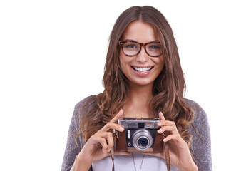 Photographer, happy and camera with portrait of woman on png for vintage, retro and picture....