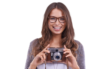 Photographer, happy and camera with portrait of woman on png for vintage, retro and picture. Happiness, smile and photography with face of person isolated on transparent background for lens and focus