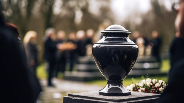 Urn with ashes at the cemetery with white flowers. Funeral ceremony.