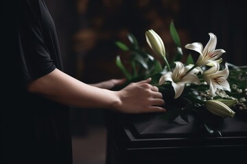 Woman with lily flowers and coffin at funeral - obrazy, fototapety, plakaty