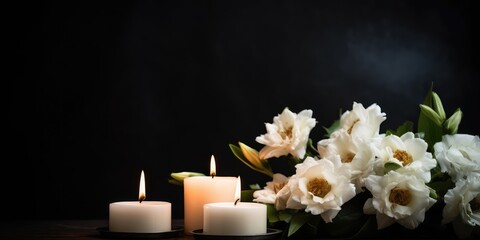 Beautiful lily and burning candle on dark background with space for text. Funeral white flowers.