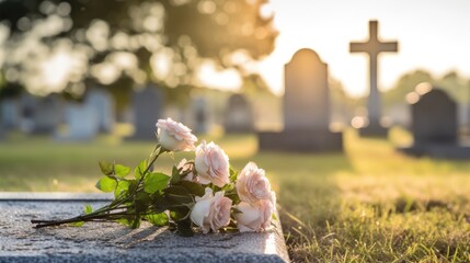 Capture the solemn beauty of a Catholic cemetery with a grave marker and cross engraved on it, set against a softly blurred background to create a sense of peaceful serenity. Funeral concept. - obrazy, fototapety, plakaty
