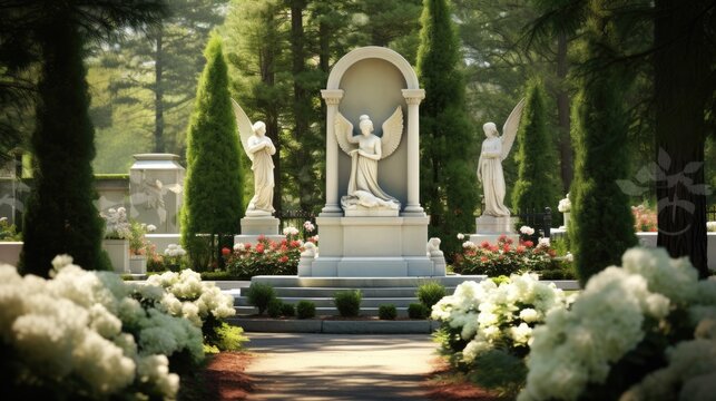 Image with background and place for caption and fragment of tragic sad angel statue at the cemetery. Funeral ceremony.