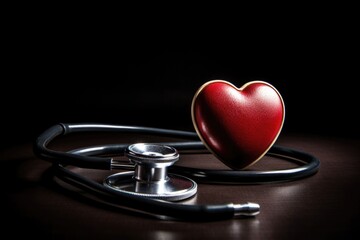 Stethoscope and heart on dark background, medicine concept