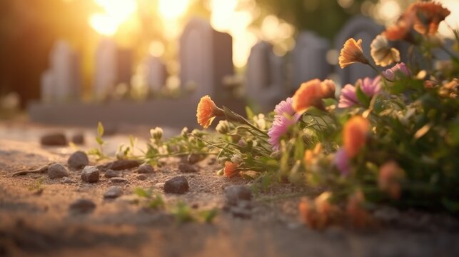 Capture the solemn beauty of a Catholic cemetery with a grave marker and cross engraved on it, set against a softly blurred background to create a sense of peaceful serenity. Funeral concept.