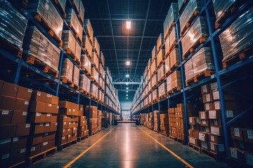 Warehouse or storage and shelves with cardboard boxes. Industrial background.