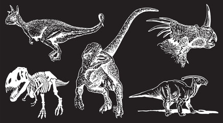 Graphical set of dinosaurs isolated on black background,vector engraved illustration,tattoo  designs.