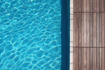 Obraz premium Poolside paradise. Top view of an empty outdoor pool with wooden board on beautiful relaxing background