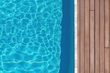 Poolside paradise. Top view of an empty outdoor pool with wooden board on beautiful relaxing background