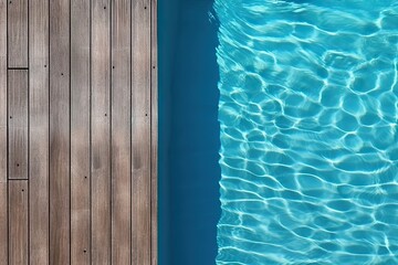 Obraz premium Poolside paradise. Top view of an empty outdoor pool with wooden board on beautiful relaxing background