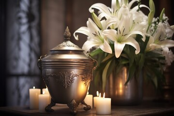 Urn with ashes in the church with white flowers. Funeral ceremony.
