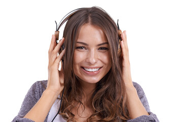 Face, music headphones and happy woman isolated on a transparent png background. Portrait, smile...