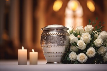 Urn with ashes in the church with white flowers. Funeral ceremony.