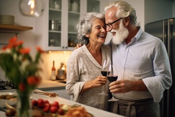 Happy elderly couple cooking dinner in the kitchen. Loving senior couple concept.