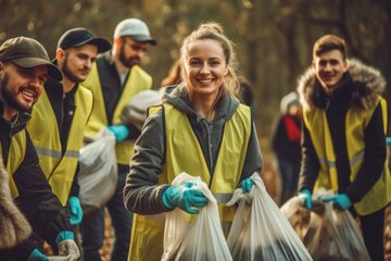 Team of young and diversity volunteer worker group enjoy charitable social work outdoor in cleaning up garbage and waste separation project.