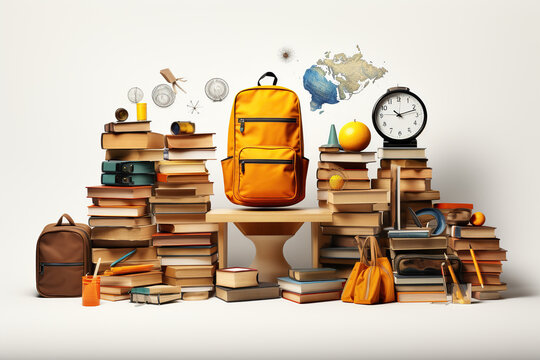 Brown backpack with school supplies, books, back to school and education concept, AI generative.