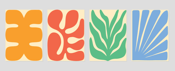 Set of abstract colorful cover background. Collection of plants, leaf branch, coral, algae in hand drawn style. Contemporary aesthetic illustrated design for wall art, decoration, wallpaper, print.