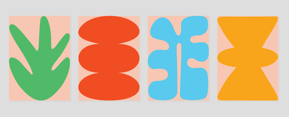 Set of abstract colorful cover background. Collection of plants, leaf branch, coral, vase in hand drawn style. Contemporary aesthetic illustrated design for wall art, decoration, wallpaper, print.