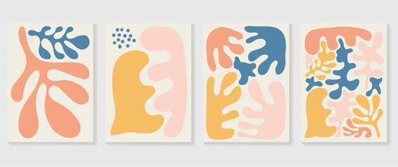 Fototapeta premium Set of abstract colorful cover background. Collection of plants, leaf branch, coral, algae in hand drawn style. Contemporary aesthetic illustrated design for wall art, decoration, wallpaper, print.