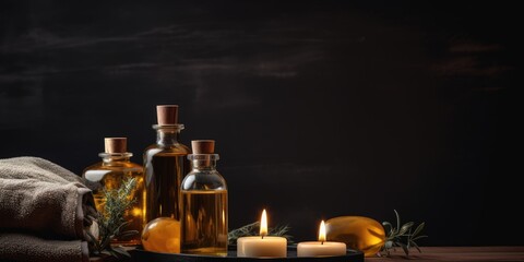Obraz na płótnie Canvas Beauty spa treatment background with candles on a dark background. Free space for your text.