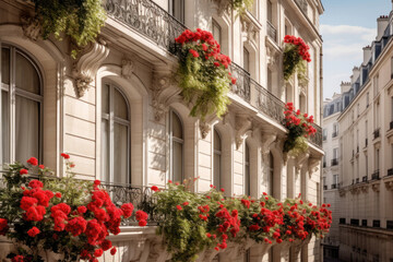 Fototapeta na wymiar Vue d'une rue depuis un immeuble parisien, de type Haussmannien avec un balcon fleuris de géraniums rouges